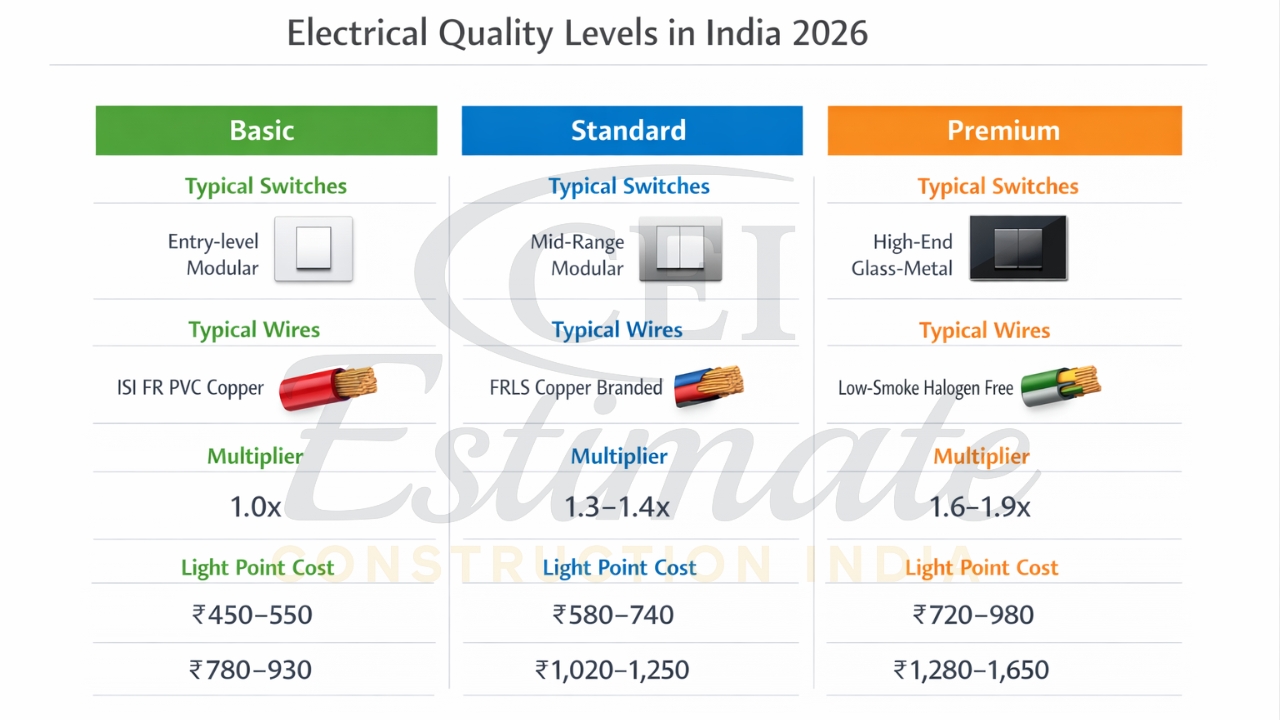 Basic standard premium modular switches quality wise electrical cost India