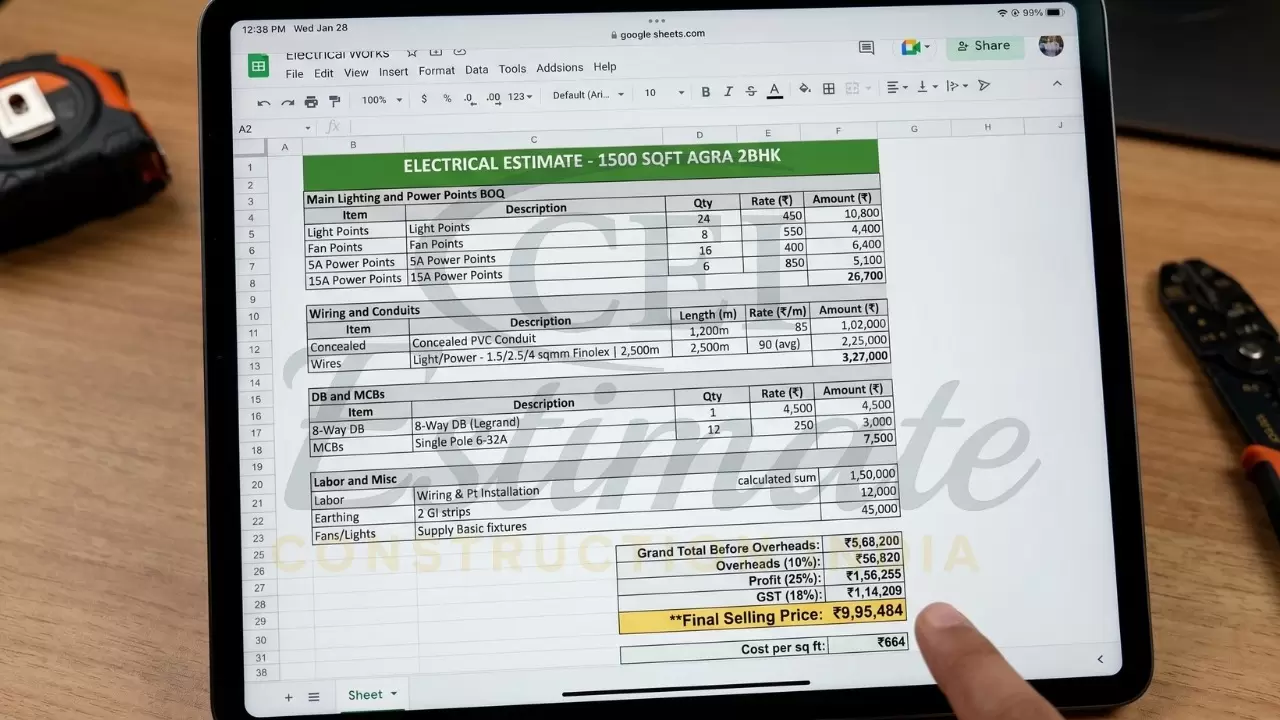 Electrical estimation Excel template with wiring and material cost breakdown