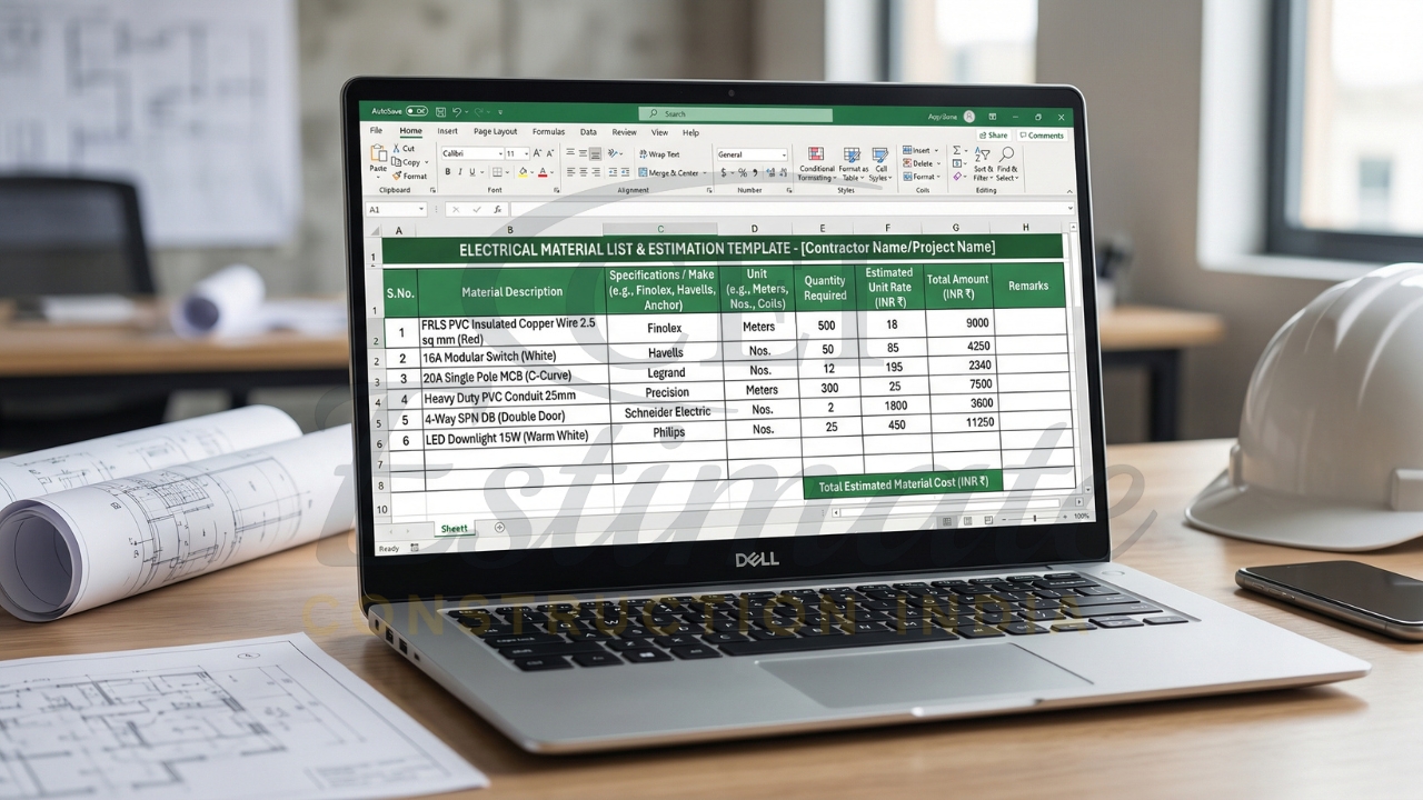 Electrical BOQ material list Excel sheet with quantity and cost calculation