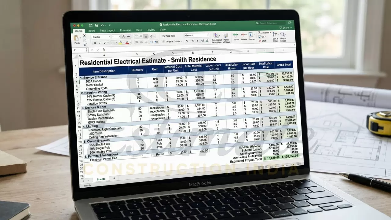 Electrical estimation spreadsheet with labor hours and material cost breakdown