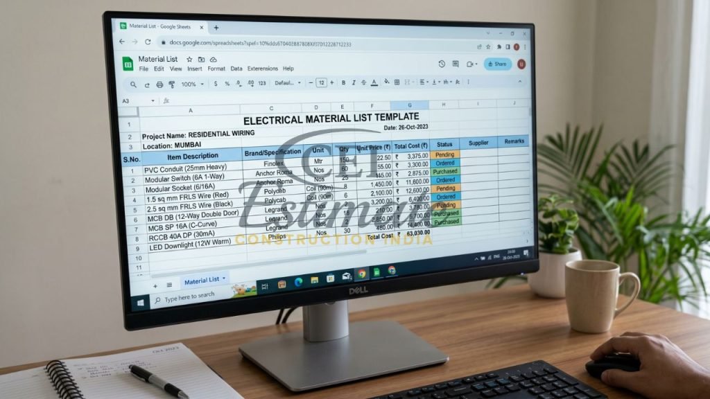 electrical material list template excel India residential wiring BOQ