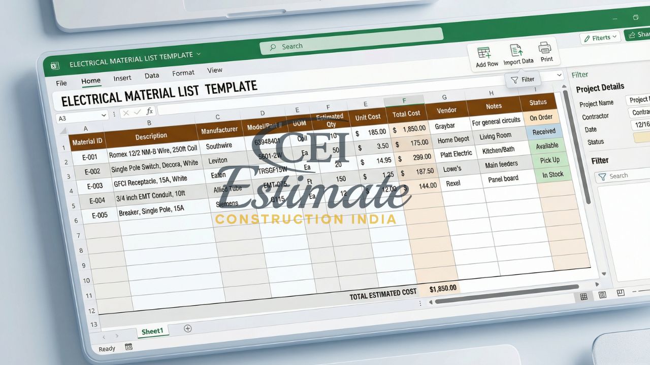 Electrical Material List Template Excel for Contractors