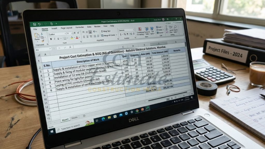 Electrical BOQ and cost estimation Excel template with work description, quantity, rate, and total amount