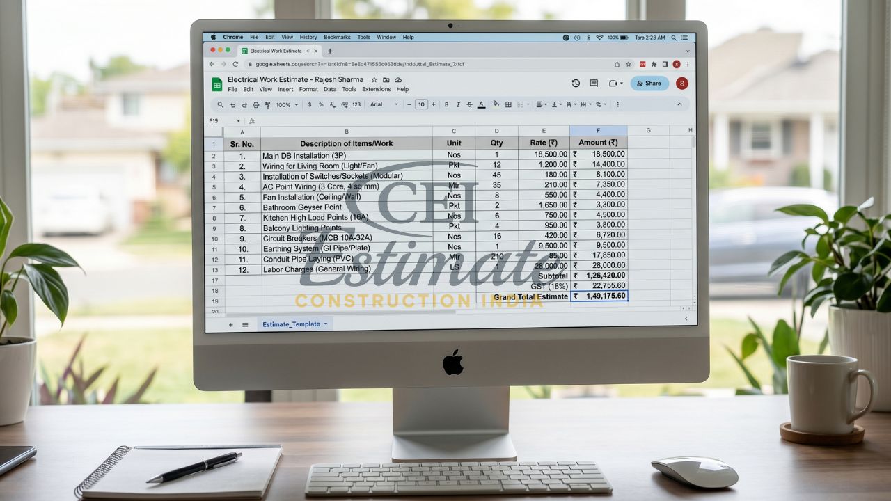 electrical work estimate template India BOQ spreadsheet wiring cost calculation contractor