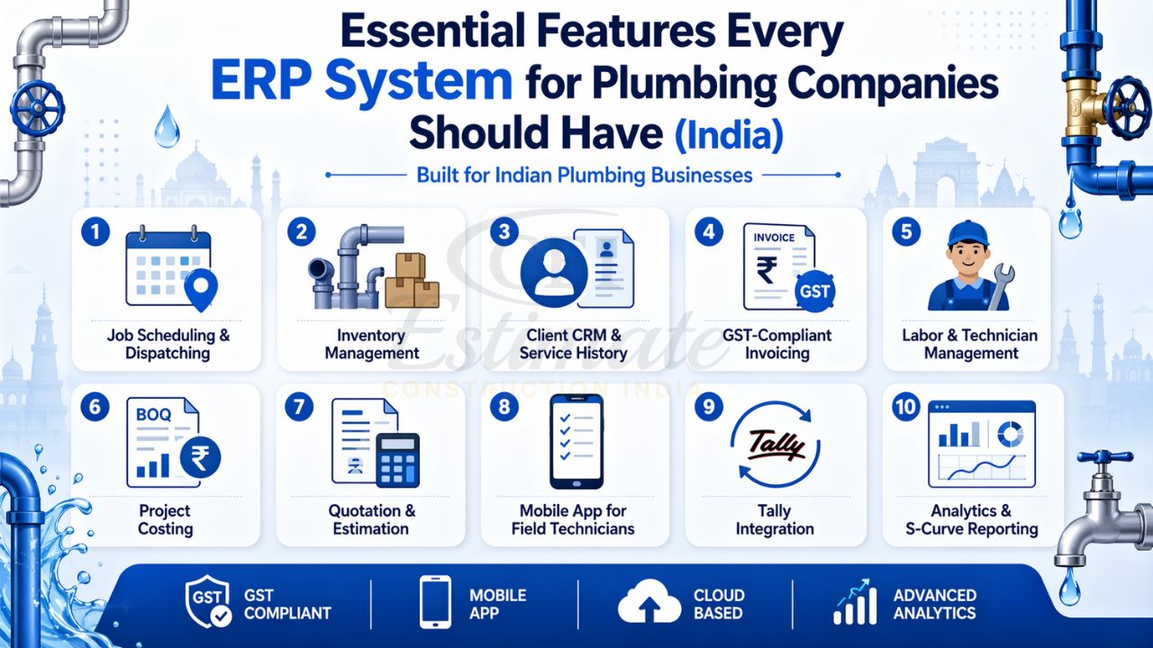 essential ERP features for plumbing companies India including job scheduling inventory CRM GST billing technician management mobile app analytics