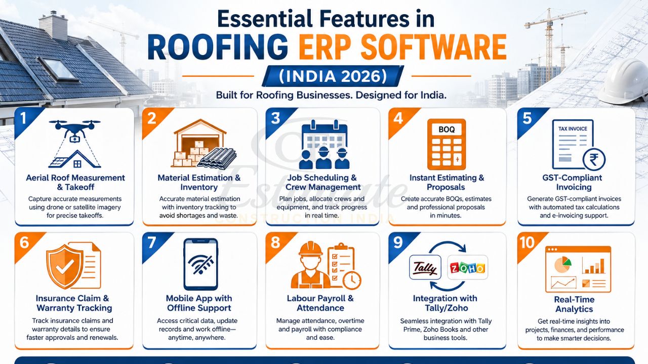 essential features in roofing ERP software including roof measurement takeoff estimation GST invoicing and crew management