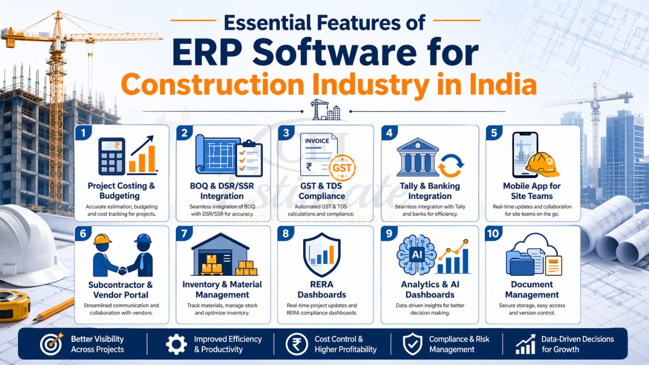 essential features of construction ERP software India including BOQ integration GST compliance project costing inventory RERA dashboards