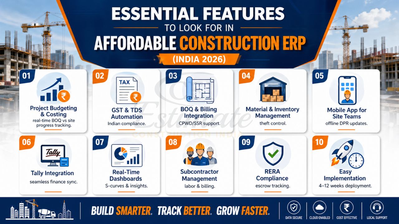 essential features of affordable construction ERP software in India including BOQ integration GST automation inventory management and project costing