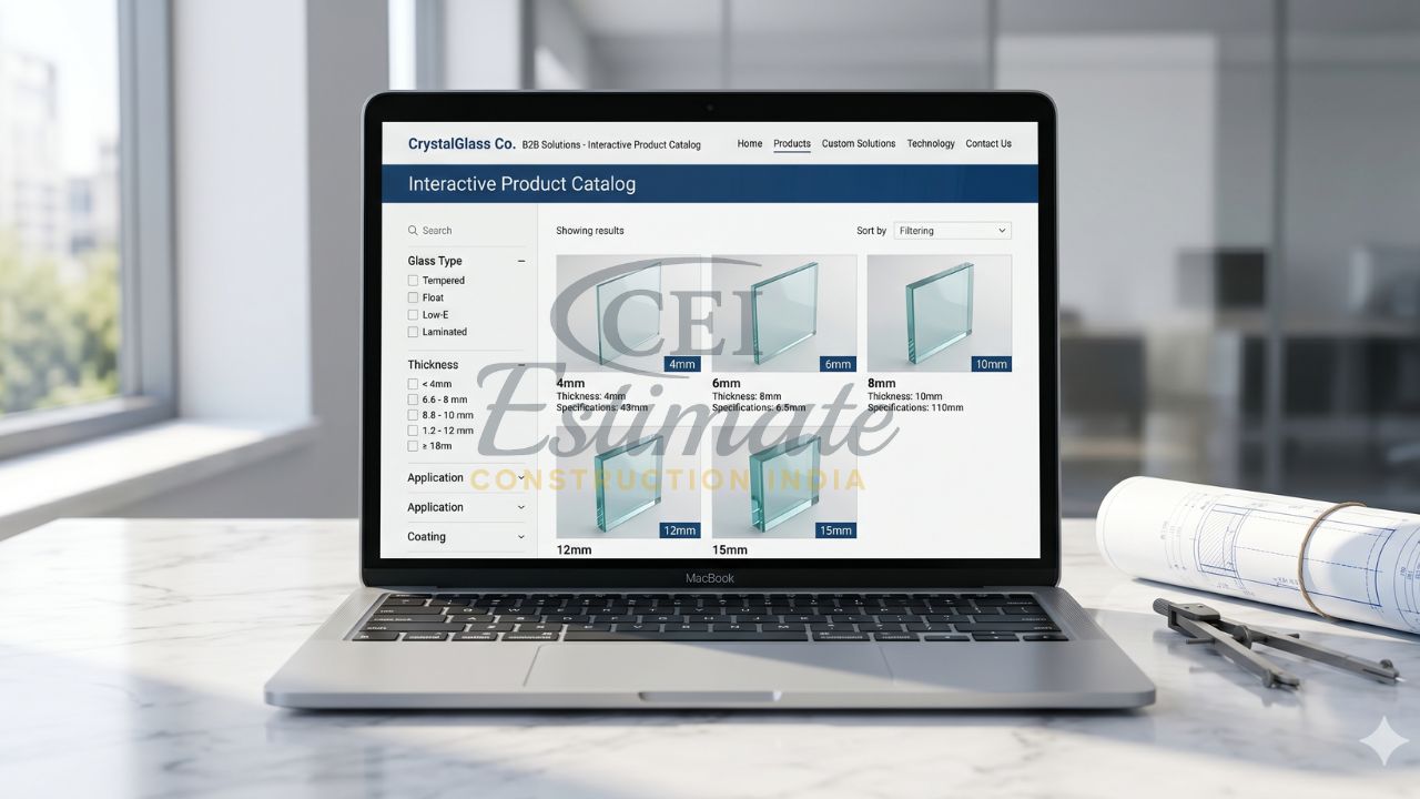 Interactive product catalog website for glass manufacturing company showing glass types, thickness filters, and product listings