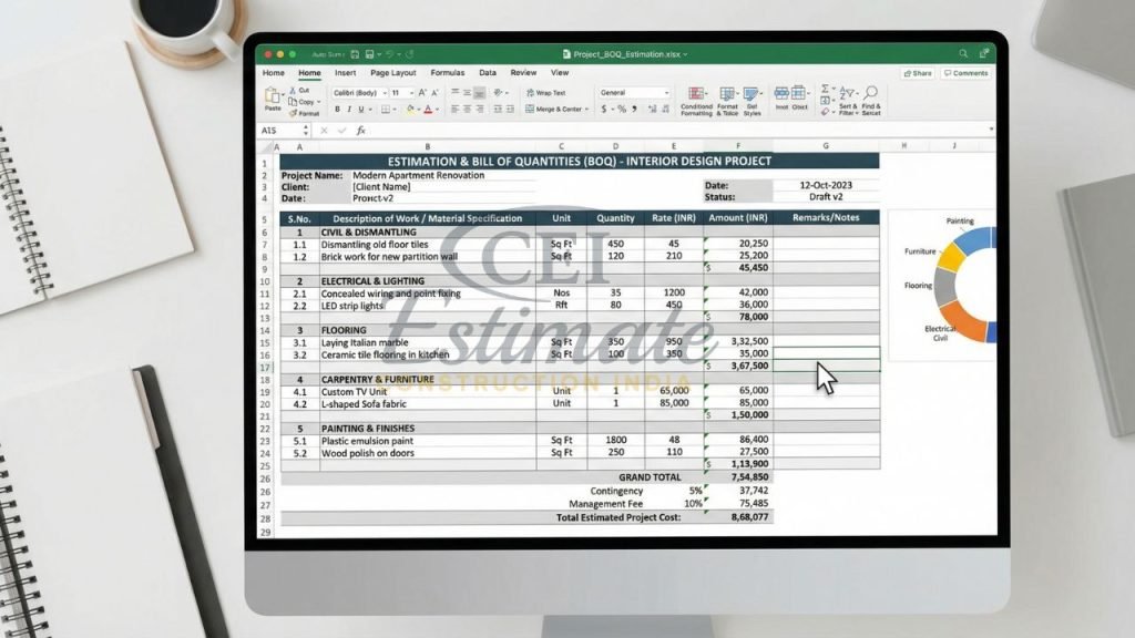 Interior design BOQ and estimation Excel sheet showing civil work, electrical, flooring, carpentry, painting, and total project cost breakdown