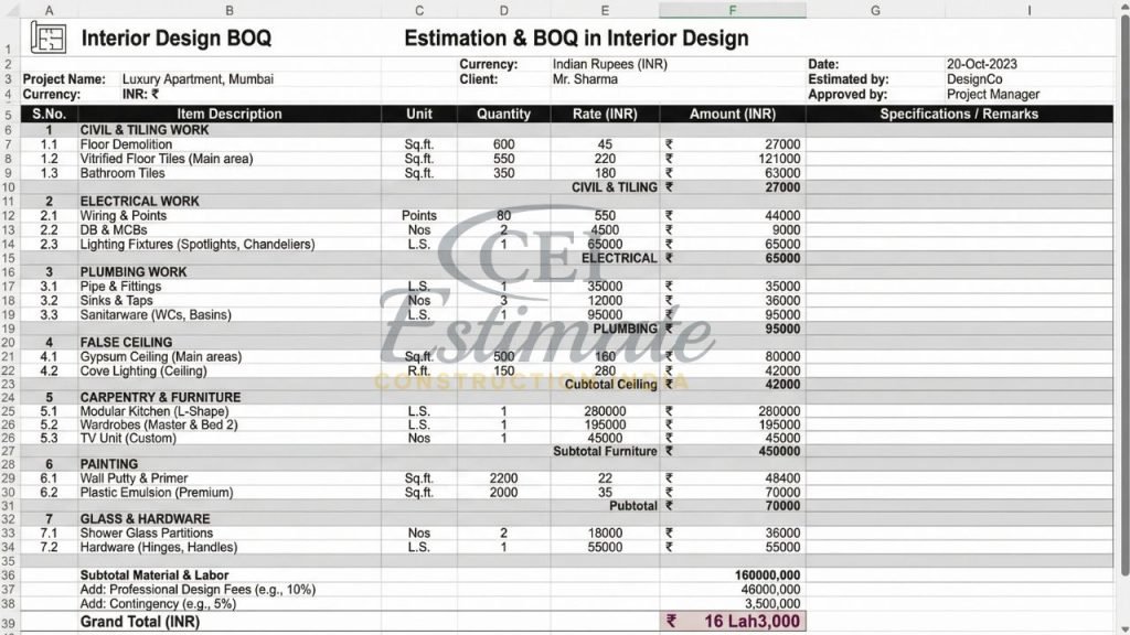 Estimation and Bill of Quantities (BOQ) in Interior Design Excel Sheet ...