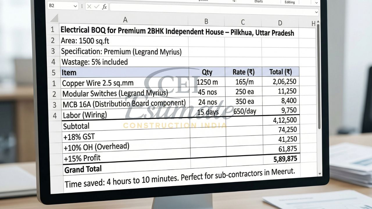 Electrical BOQ for 2BHK 1500 sq ft house in Pilkhuwa Uttar Pradesh with copper wiring, switches, MCB, labor, and total cost