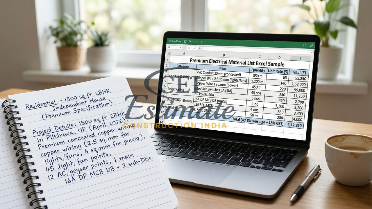 Residential electrical BOQ example 1500 sq ft 2BHK house with material quantities, wiring details, and total cost estimation