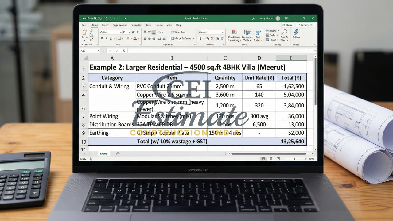 Electrical BOQ for 4500 sq ft 4BHK villa with wiring quantities, copper cables, switches, panels, and total cost estimation