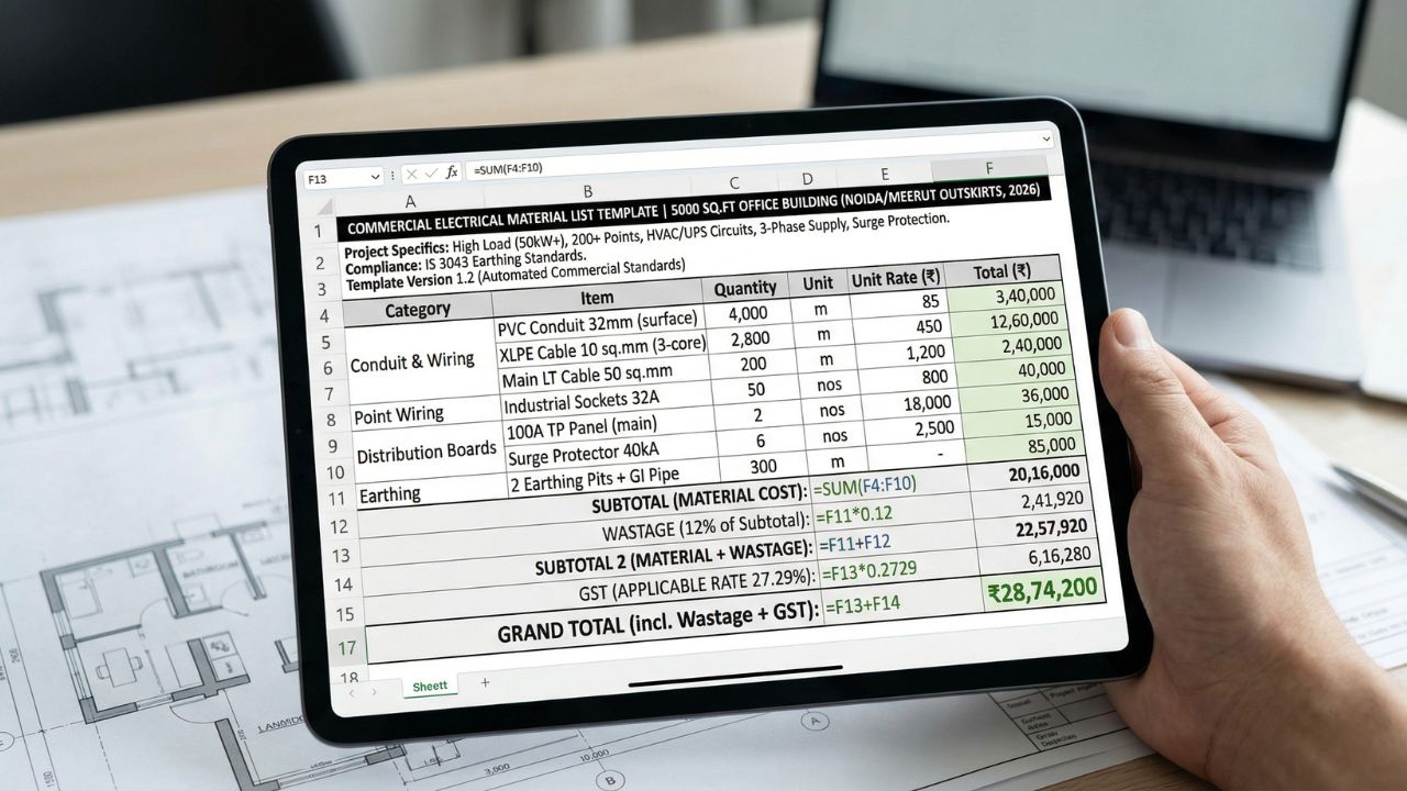 Commercial electrical BOQ example 5000 sq ft office building with material quantities, cable sizing, panels, and total cost