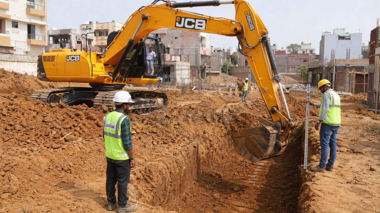 JCB excavator digging foundation trench with construction workers measuring depth at residential construction site