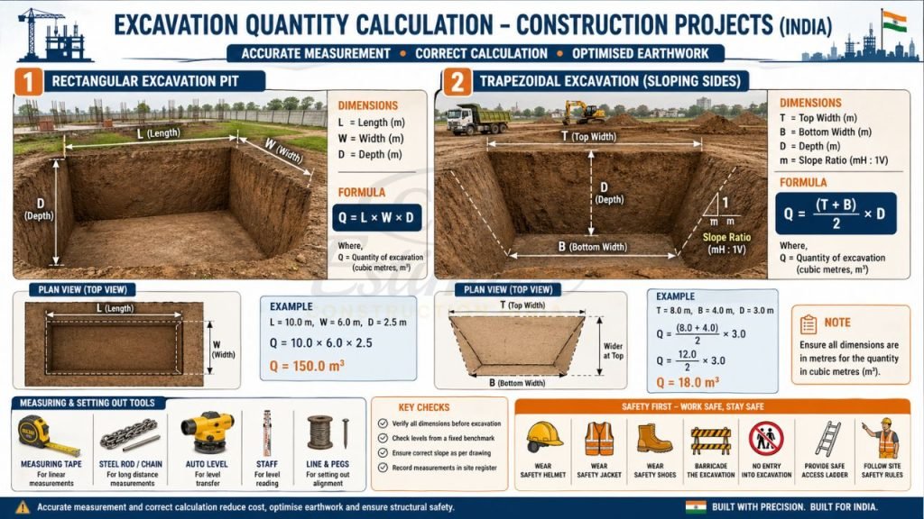 Excavation quantity calculation chart showing rectangular and trapezoidal pit formulas with dimensions, examples, and construction measurement tools