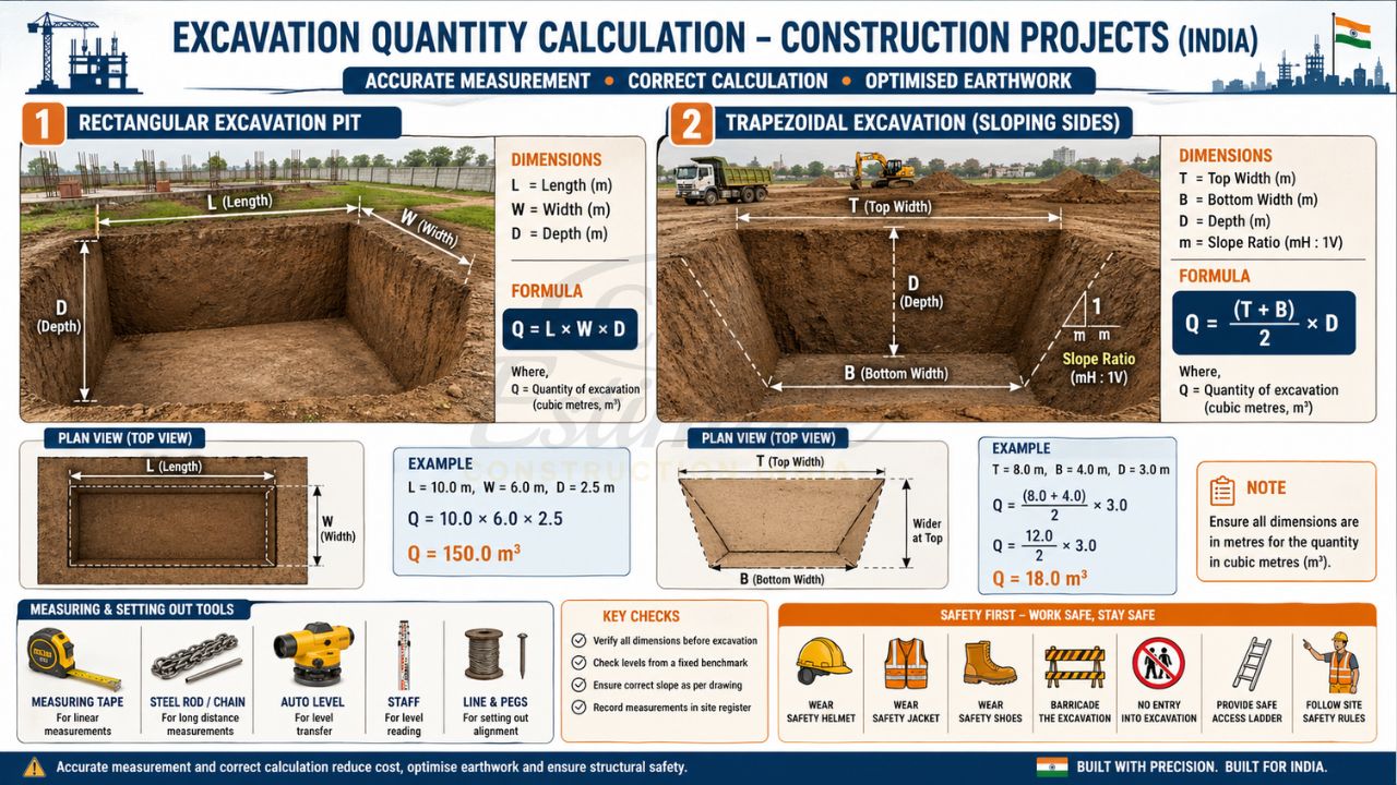 Excavation quantity calculation chart showing rectangular and trapezoidal pit formulas with dimensions, examples, and construction measurement tools