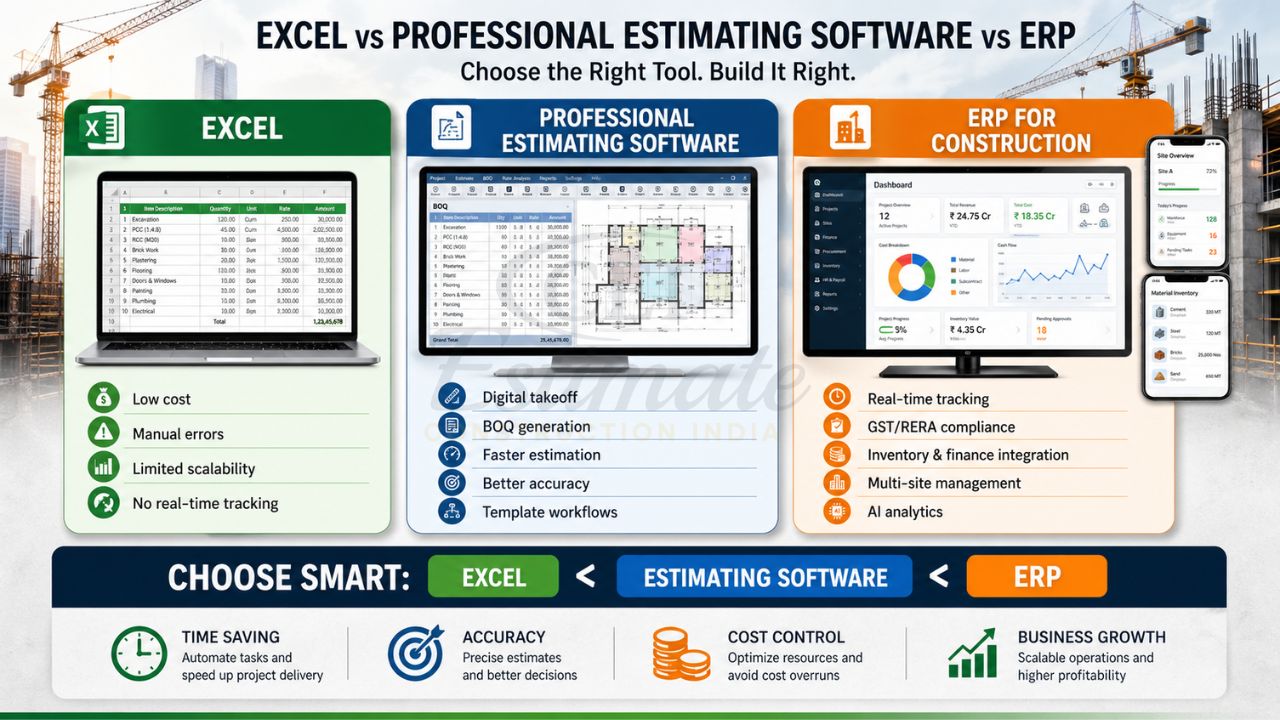excel vs estimating software vs ERP construction comparison showing BOQ generation cost control real-time tracking and project management tools