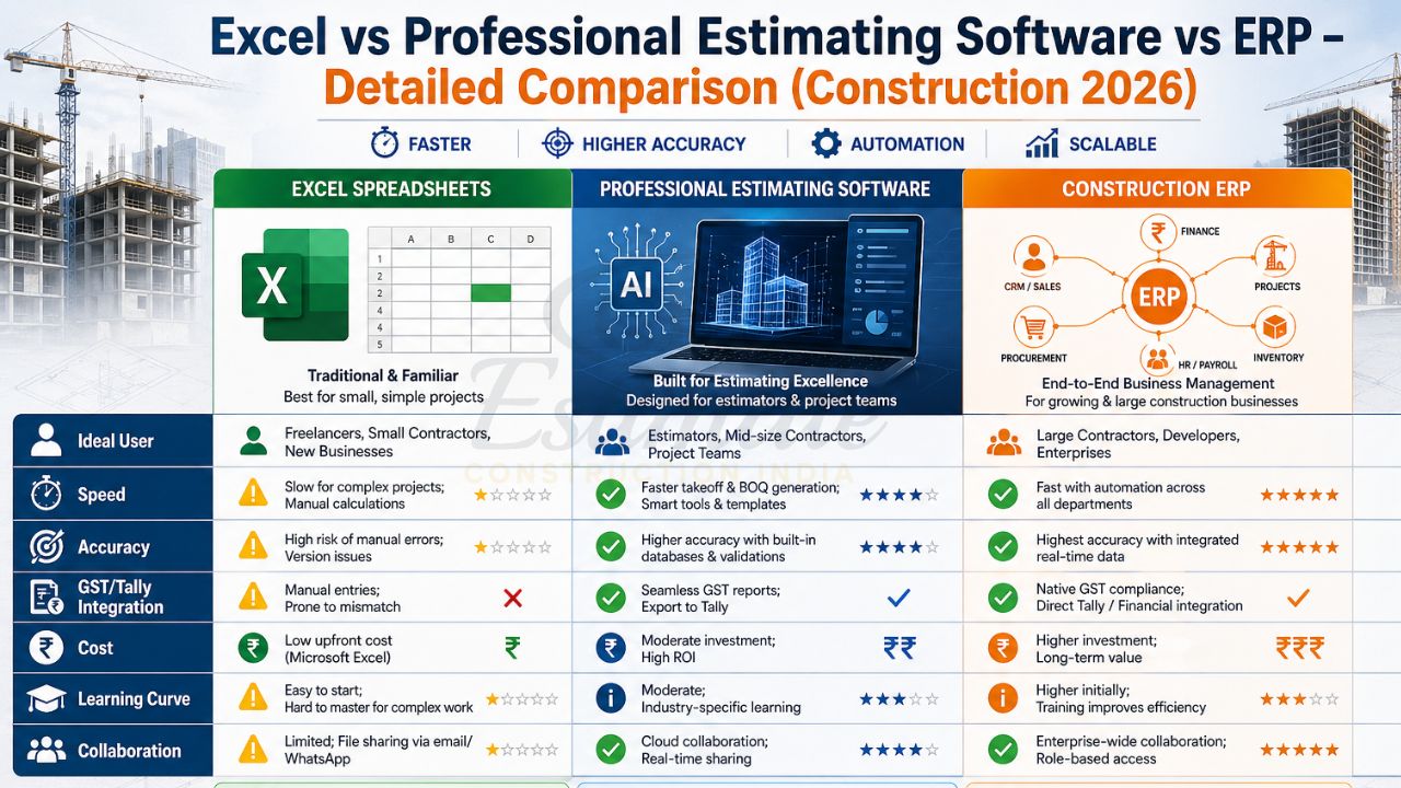 excel vs estimating software vs ERP construction comparison showing accuracy speed GST integration cost and collaboration differences