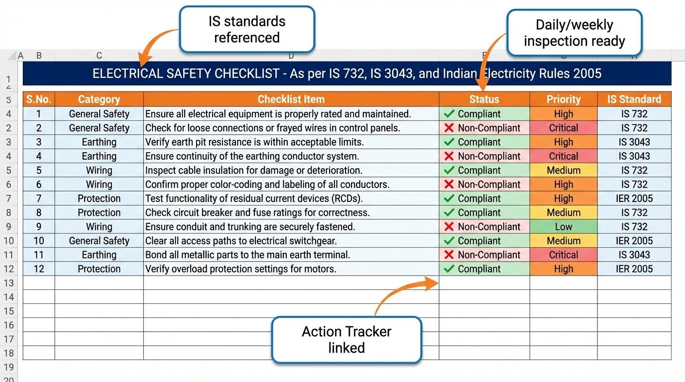 Electrical Safety Checklist as per IS 732 and IS 3043 showing categories like General Safety, Earthing, Wiring, and Protection items with compliance status
