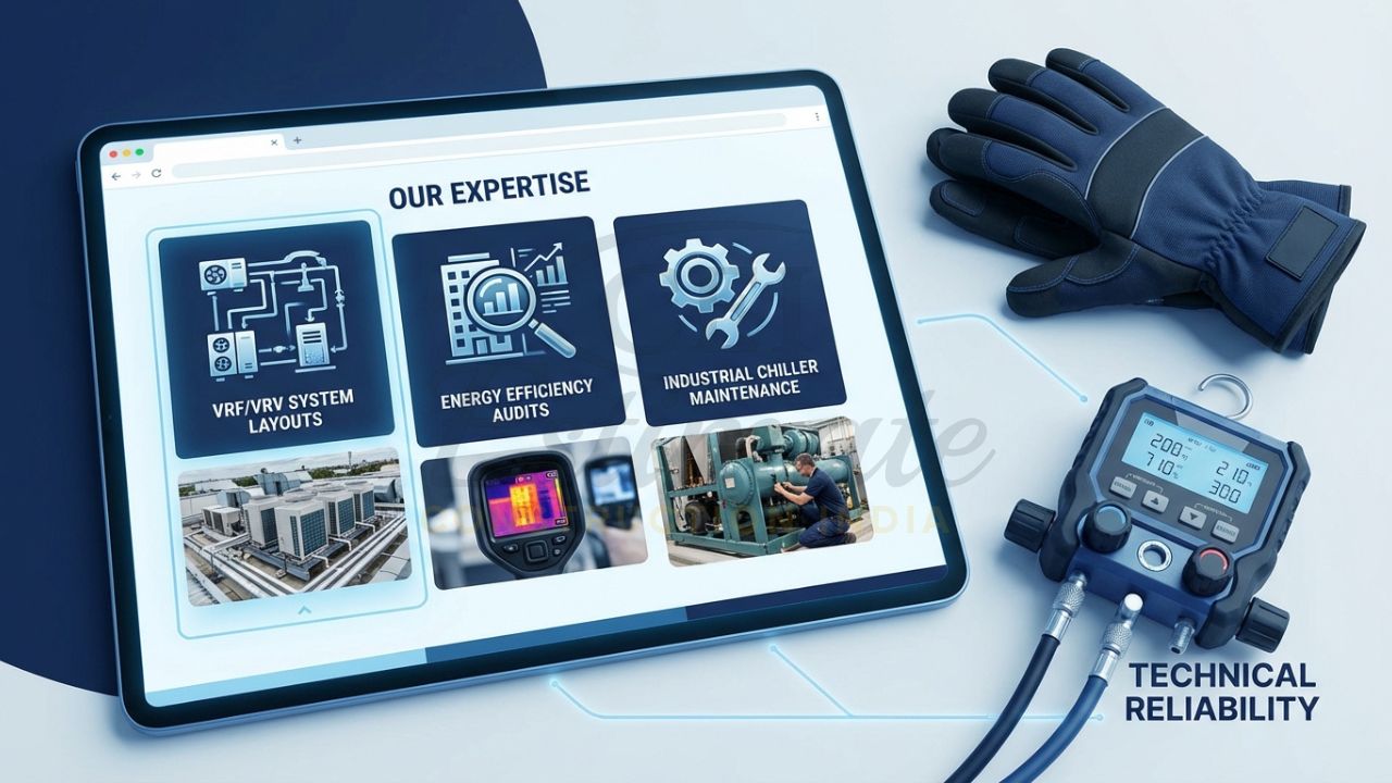 HVAC company website showcasing technical expertise in VRF and industrial systems.