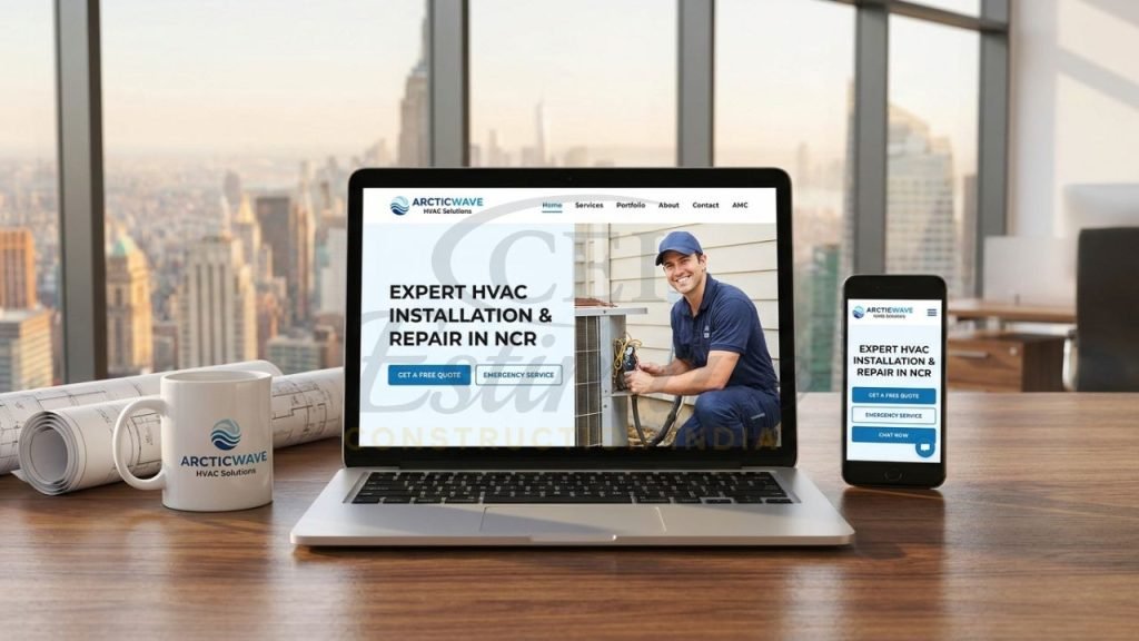 A desktop laptop and mobile smartphone display the responsive website for ArcticWave HVAC Solutions, an expert heating and cooling company.