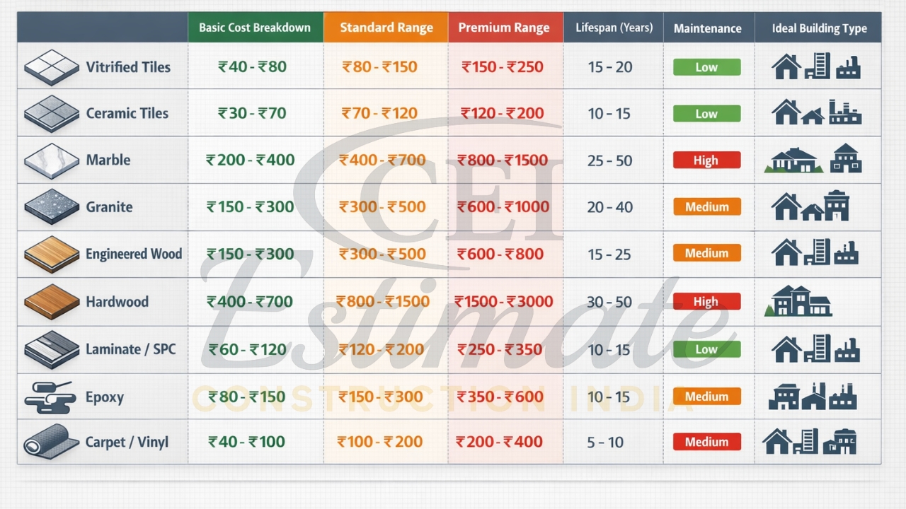 Detailed 2026 India flooring types cost comparison table visual 