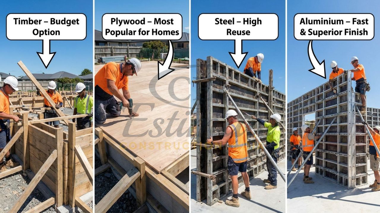 Comparison of timber, plywood, steel and aluminium formwork systems in home building