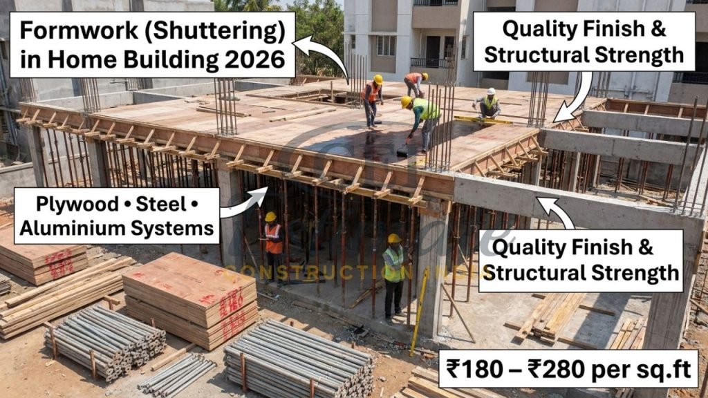 Professional plywood and steel formwork system for RCC slab and beams in residential construction India