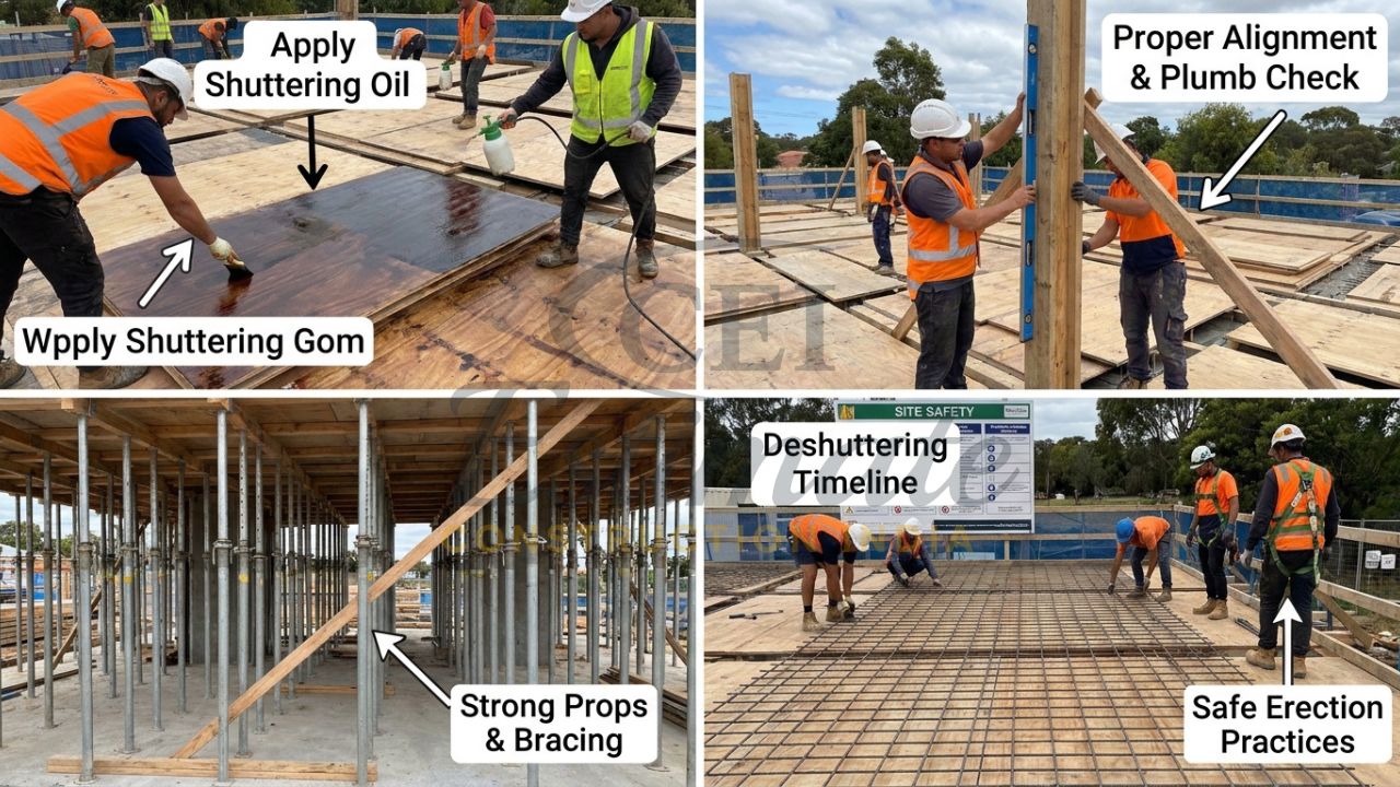 Real formwork erection process with props, plywood and oiling in Indian home construction