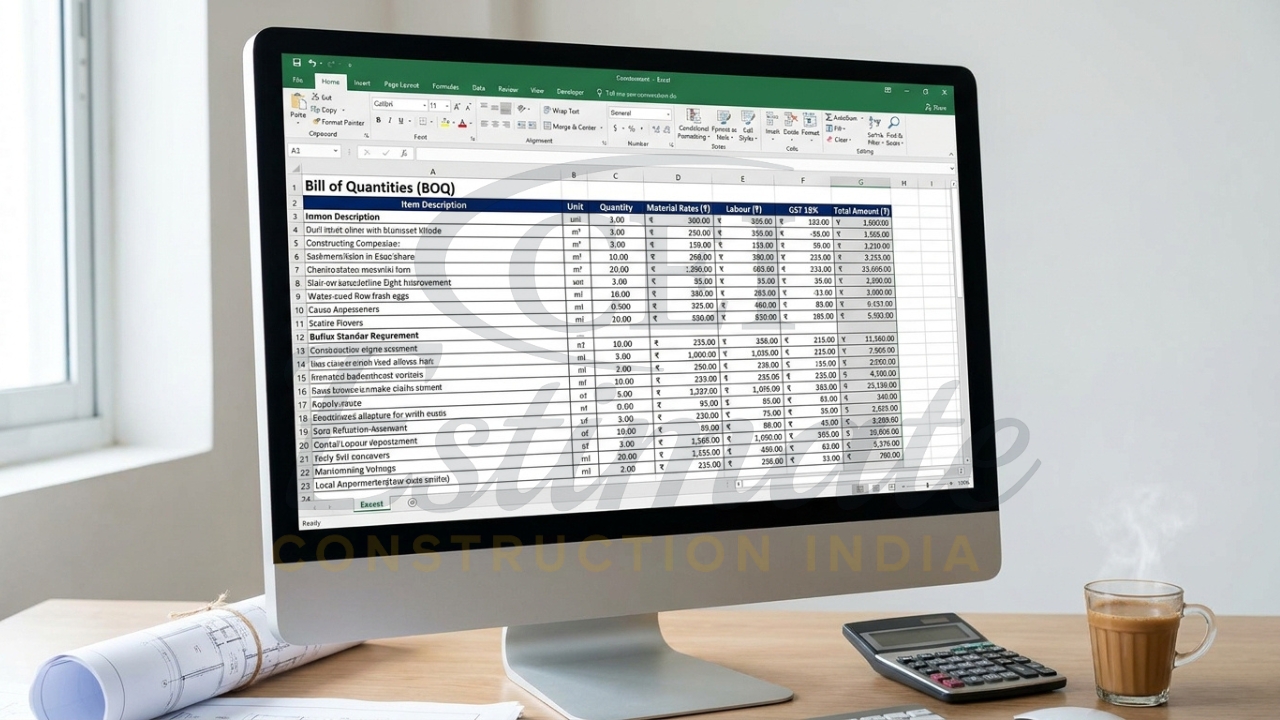 Construction BOQ spreadsheet with material and labor cost calculation