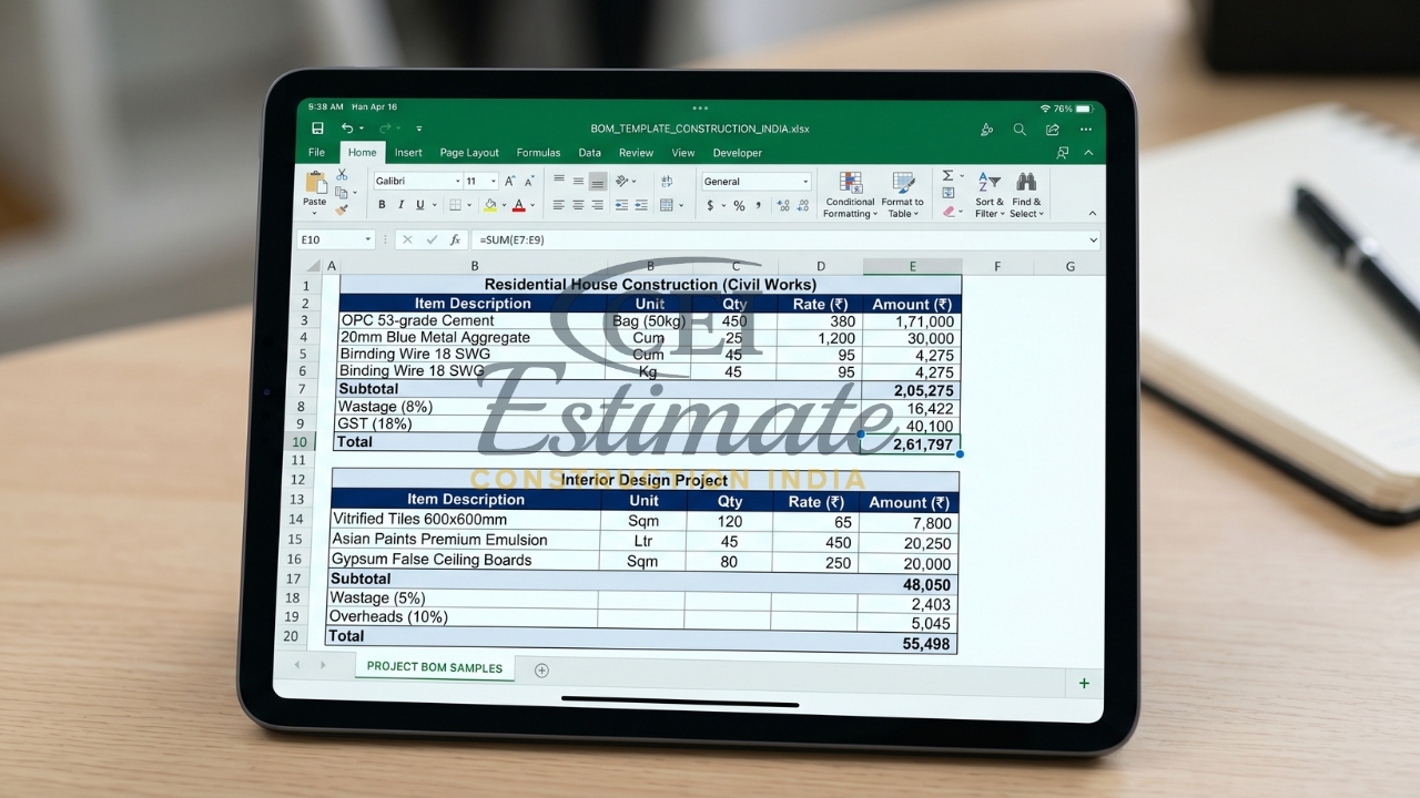 Construction cost estimate spreadsheet on tablet showing material quantities and pricing.