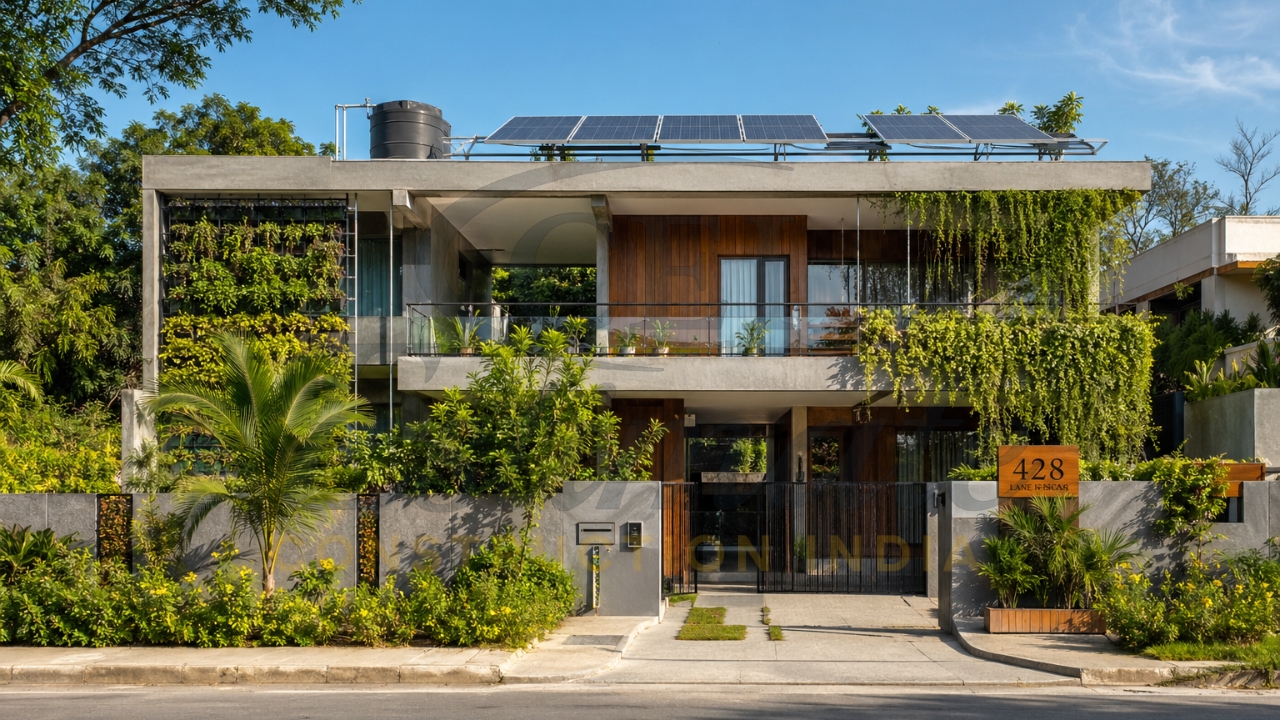 Modern eco-friendly house with rooftop solar panels, green walls, and sustainable landscaping in India.