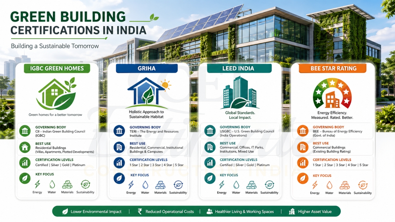 Green building certifications in India showing IGBC, GRIHA, LEED India, and BEE star rating with sustainability features.