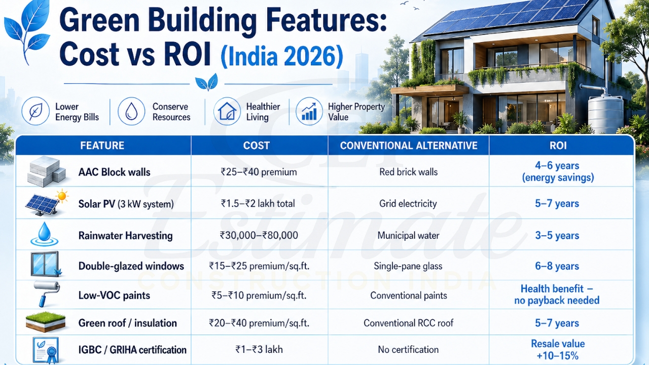 Cost comparison of green vs conventional building construction India 2026