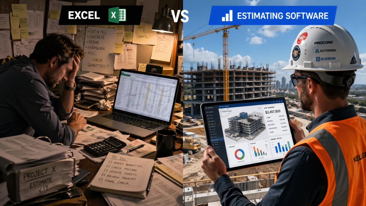 excel vs construction estimating software comparison showing manual spreadsheet errors vs digital cost estimation on construction site