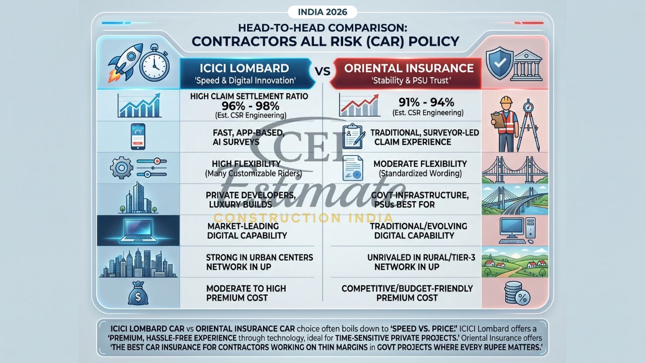 ICICI Lombard vs Oriental Insurance contractors all risk policy comparison claim ratio pricing features India