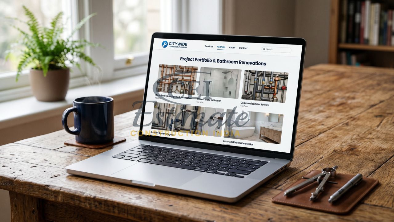 Plumbing services portfolio website showing bathroom renovation and pipe installation projects on laptop