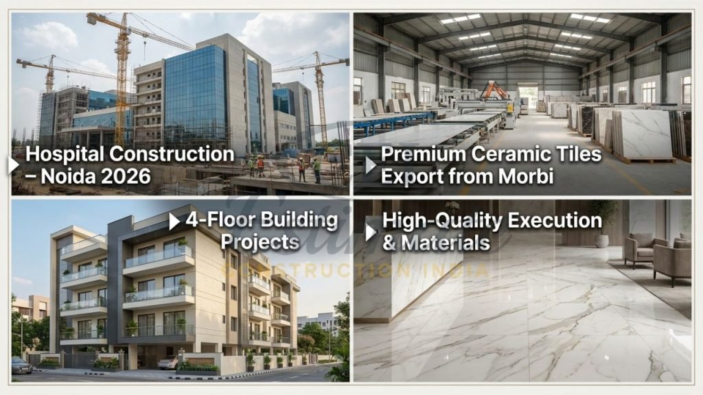 Real photographs of modern hospital construction in Noida, premium ceramic tile factory and multi-storey building projects in India