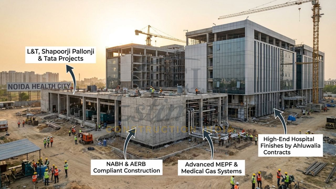 Real photo of advanced hospital building under construction in Noida by leading contractors