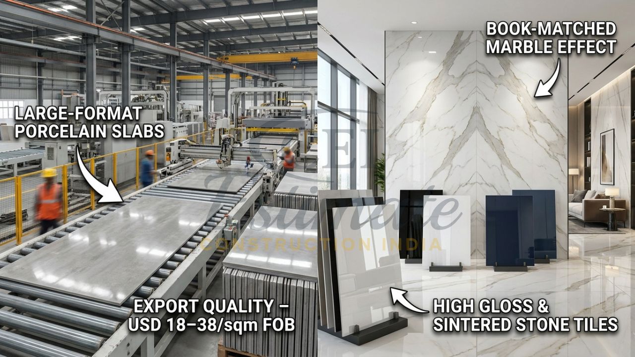 Real factory and product photography of luxury ceramic tiles exported from India