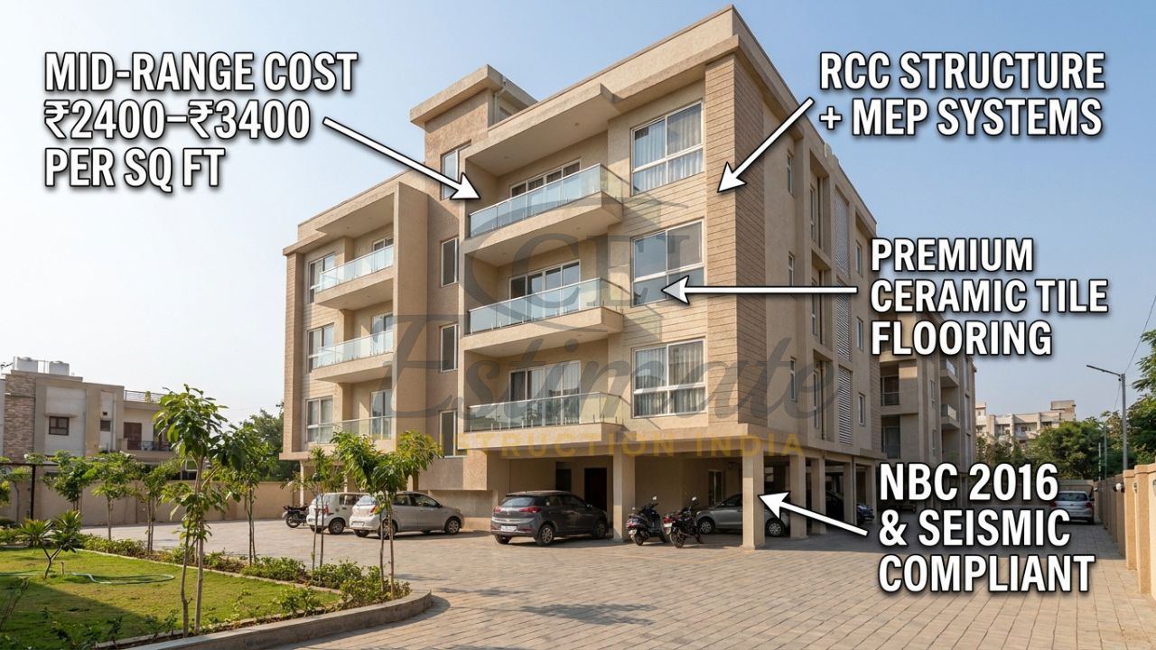 Real photograph of completed G+3 four floor residential building in India