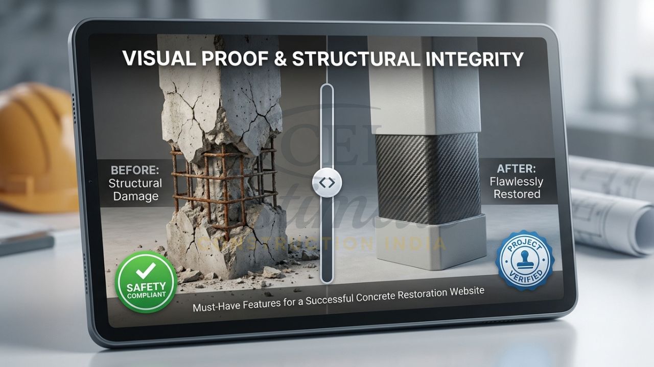 Interactive before-and-after gallery on a concrete restoration website showing structural column repair.