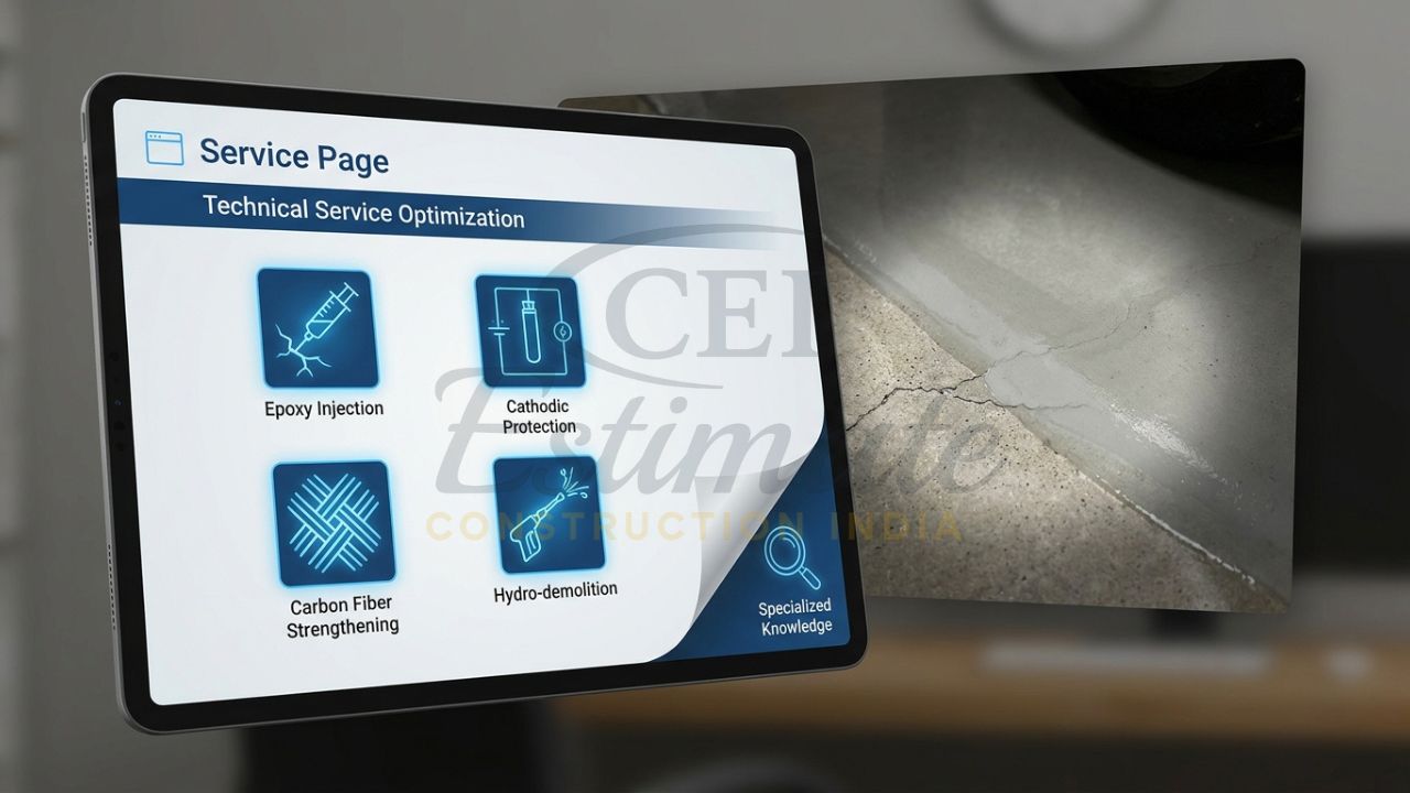 Concrete restoration service page featuring specialized epoxy injection and carbon fiber solutions.