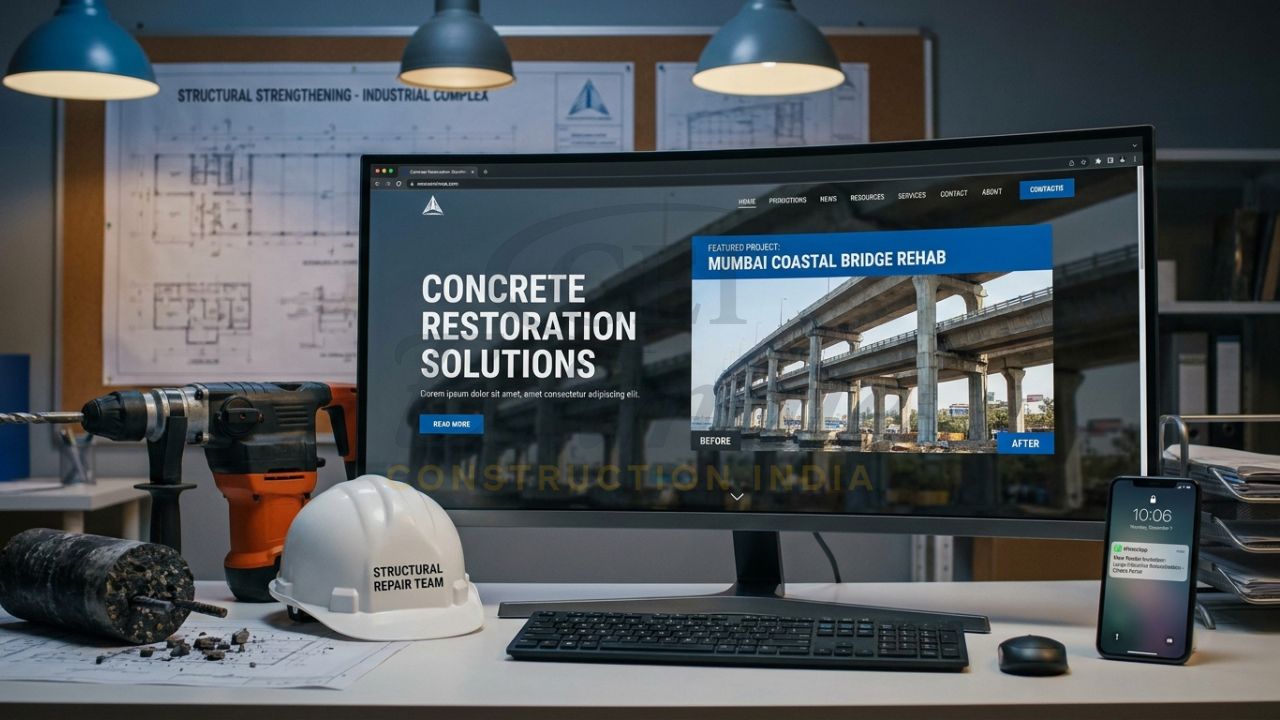 Professional web design for concrete restoration experts showing technical case studies and structural repair.