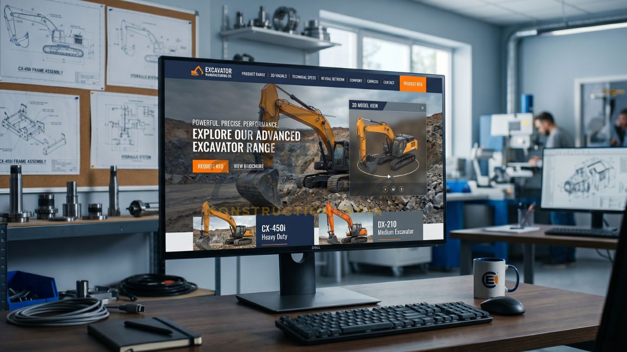 Excavator manufacturing website homepage showing advanced machinery range, 3D model view, and product showcase on desktop