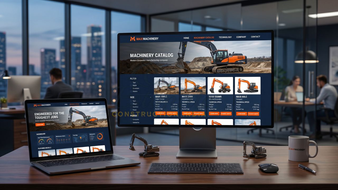 Excavator manufacturing website design showing machinery catalog, product listings, and responsive layout on desktop and laptop