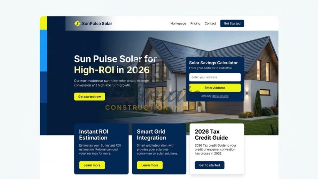 Solar company website homepage with ROI calculator, modern house with solar panels, and energy savings tools