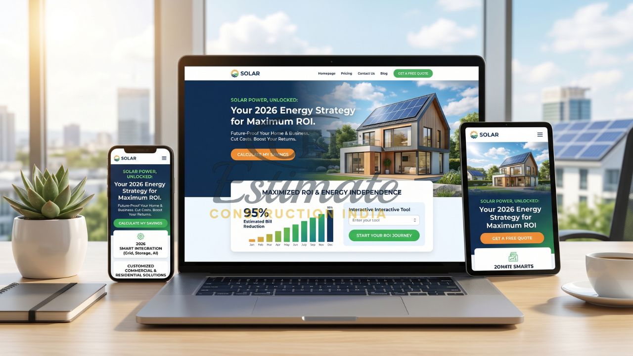 Responsive solar company website design on laptop, tablet, and mobile showing ROI calculator and energy savings dashboard